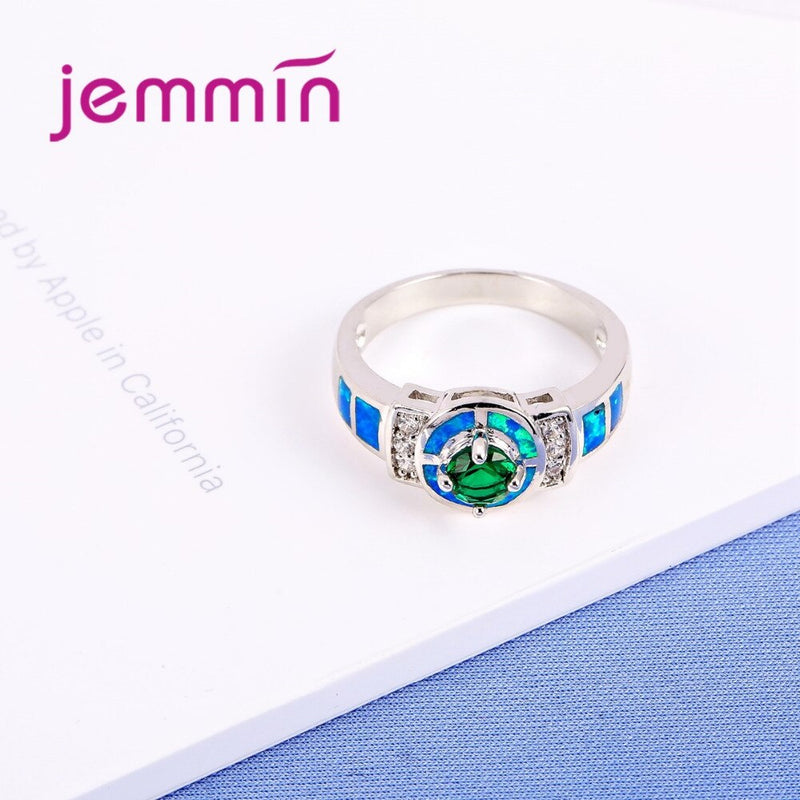 Shining Blue Fire Opal Ring 925 Sterling Silver CZ Crystal Roung Finger Rings for Women Fashion Jewelry Opal Ring