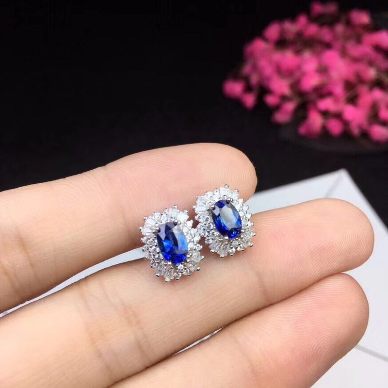 Uloveido 925 Sterling Silver Natural 4*6mm*2 Pcs Blue Sapphire Earrings