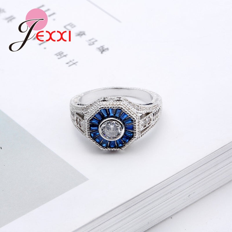 925 Sterling Silver Blue Zircon White Crystal Ring for Women