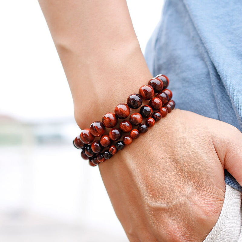 Sterling Silver Red Tiger Eye Beads Bracelet for Men & Women