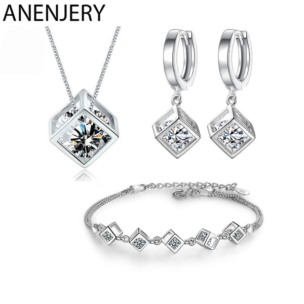 ANENJERY925 Sterling Silver Square Cube Zircon Necklace Earrings & Bracelet Jewelry Set
