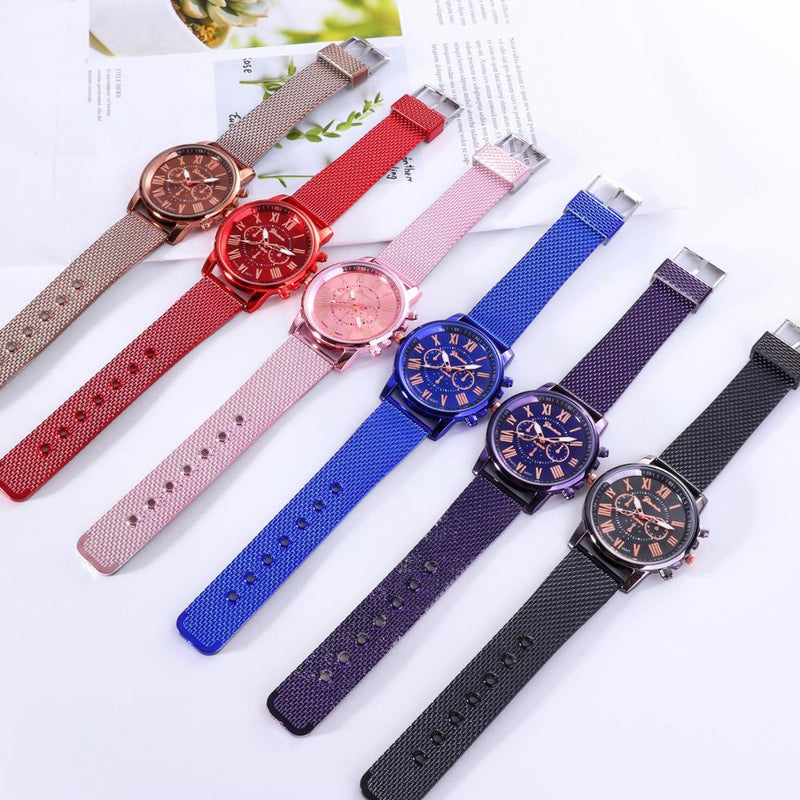 Foloy High-Quality Digital Geneva Roman Numerals Faux Leather Analog Quartz Ladies Watch