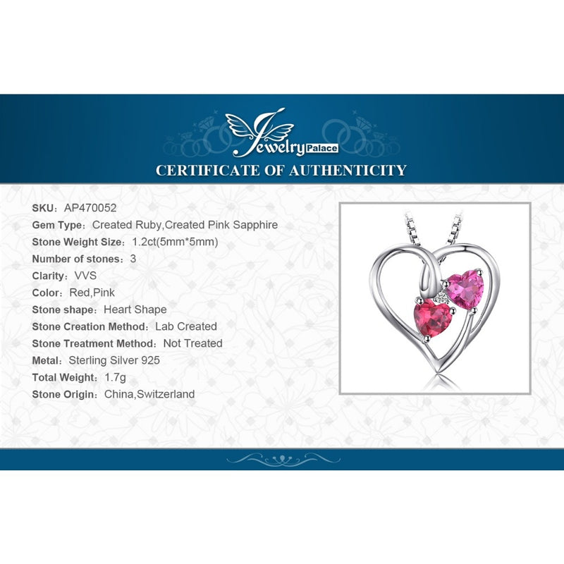 925 Sterling Silver Created Ruby Pink Sapphire Heart Pendant for Woman