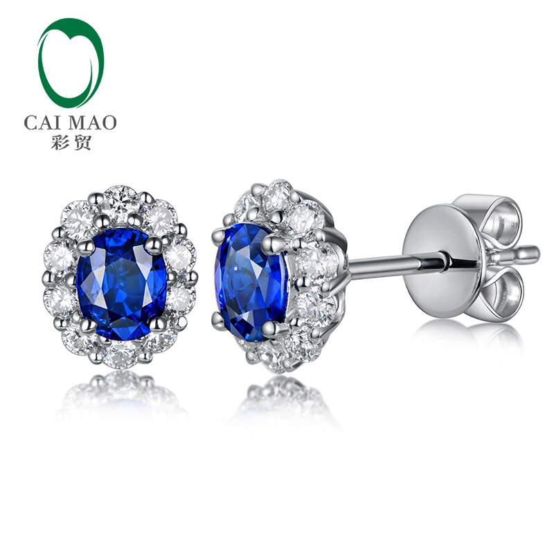 14K White Gold 0.76ct Blue Sapphire and 0.38ct Halo Diamond Earrings for Women