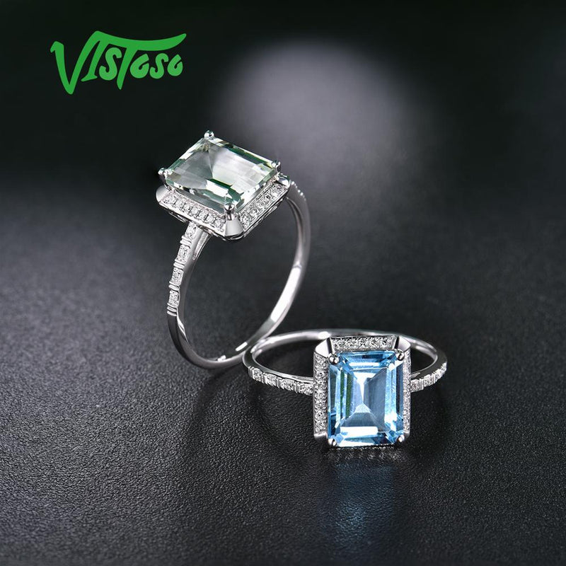 VISTOSO 14K 585 White Gold Shiny Diamond Limpid Sky Blue Topaz/Green Amethyst Ring