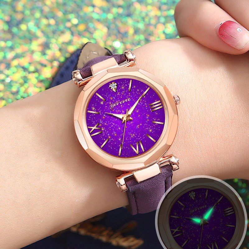 Women Casual Quartz Watch Round Star Dial Wrist Watch with Perforated Frosted Strap TT@88