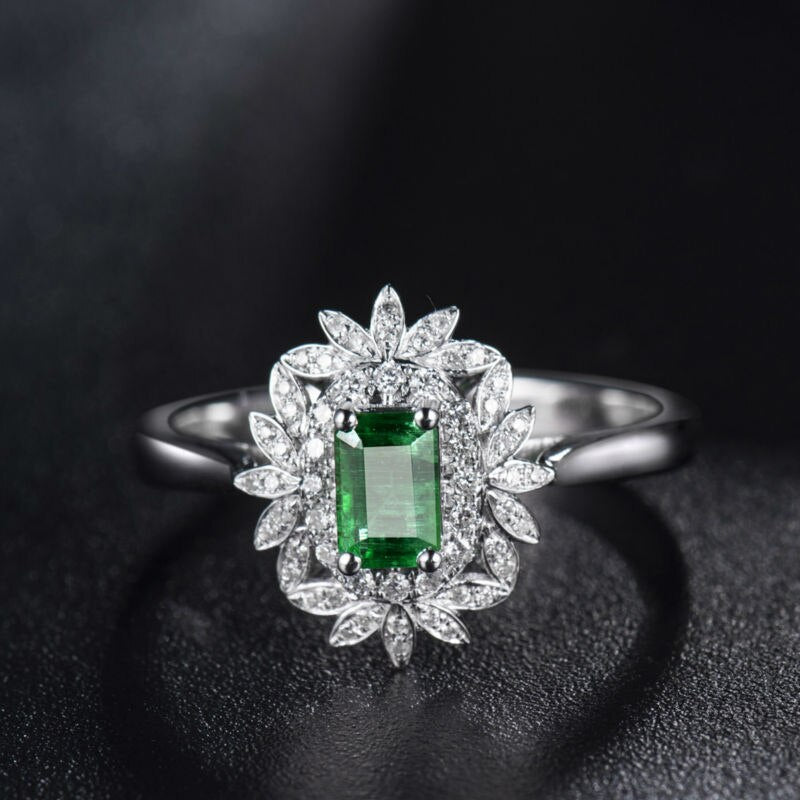 18K White Gold Emerald Ring Vintage Engagement Ring for Her