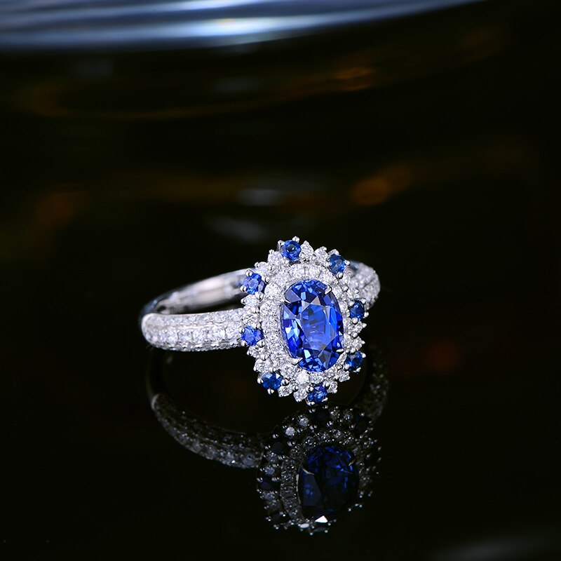 18kt White Gold Sapphire and Diamond Halo Ring for Women