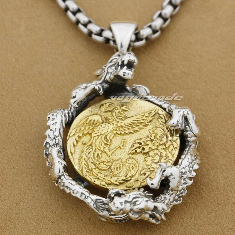 Sterling Silver Dragon & Brass Phoenix Pendant for Men