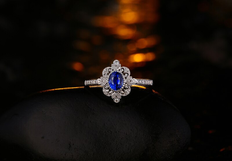 14K White Gold 0.50ct Blue Sapphire Pave Diamond Engagement Ring for Her