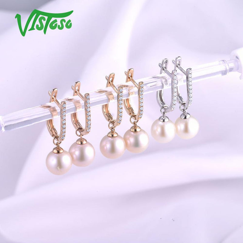 VISTOSO Pure 14K 585 Yellow/White/Rose Gold Sparkling Diamond Fresh Water Pearl Unique Earrings