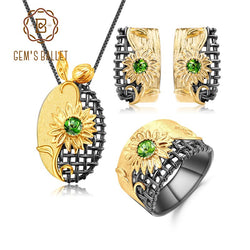 GEMS BALLET 925 Sterling Silver Natural Chrome Diopside Handmade SunFlower Ring Earrings & Pendant Jewelry Set