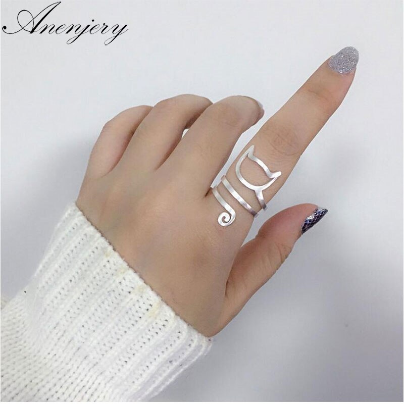 Anenjery 925 Sterling Silver Personality Designed Wrap Around Cat -Shaped Ring