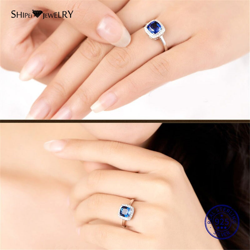 Shipei 100% 925 Sterling Silver Fine Jewelry White Gold Square Sapphire Engagement Ring for Women Anniversary Gift