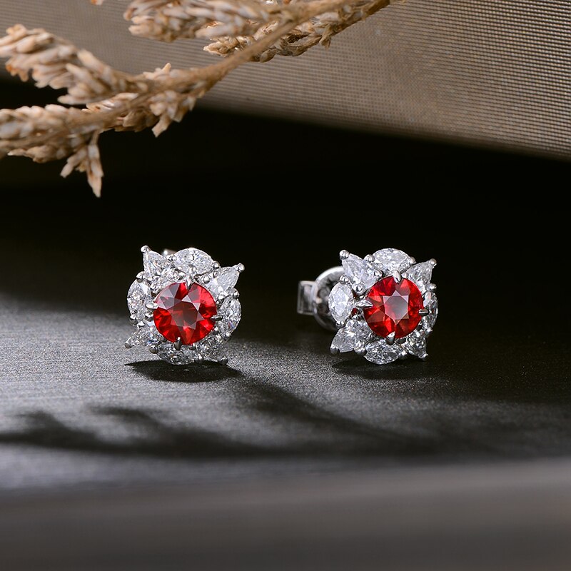 18kt White Gold Natural Ruby and Diamonds Stud Earrings for Women