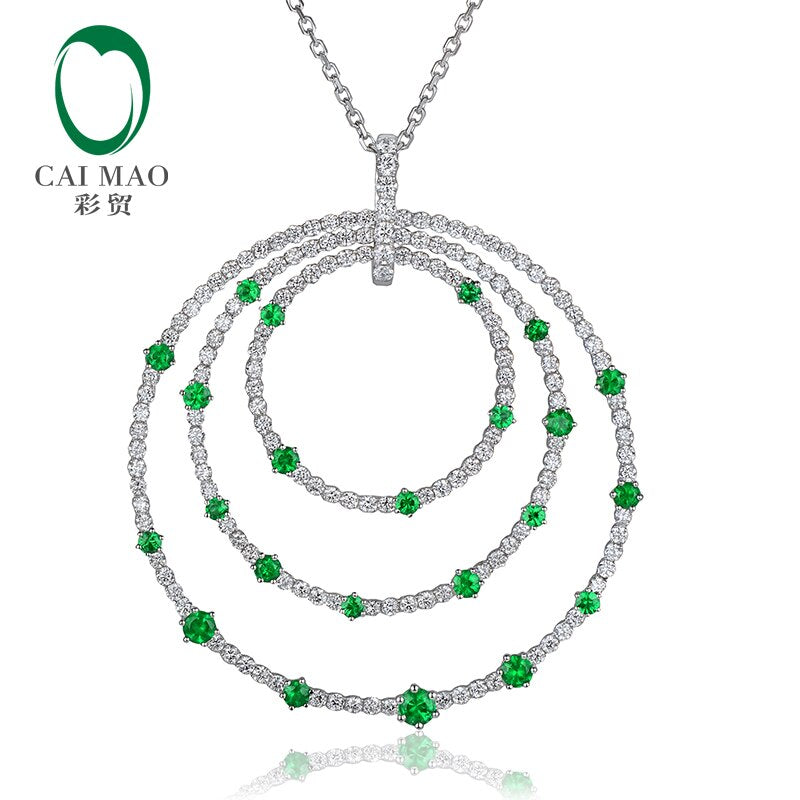 14k White Gold Circle Pendant with 0.50ctw Diamond and Emerald - for Women