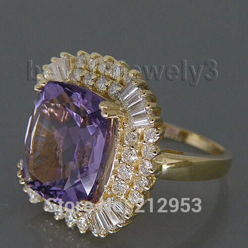 14K Yellow Gold Amethyst & Diamond Ring for Women