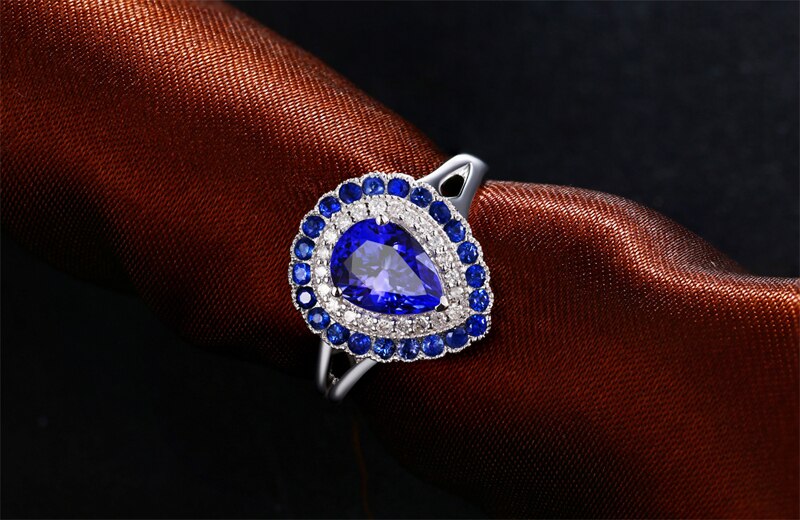 14K White Gold Pear Cut Tanzanite and Sapphire Diamond Ring for Women