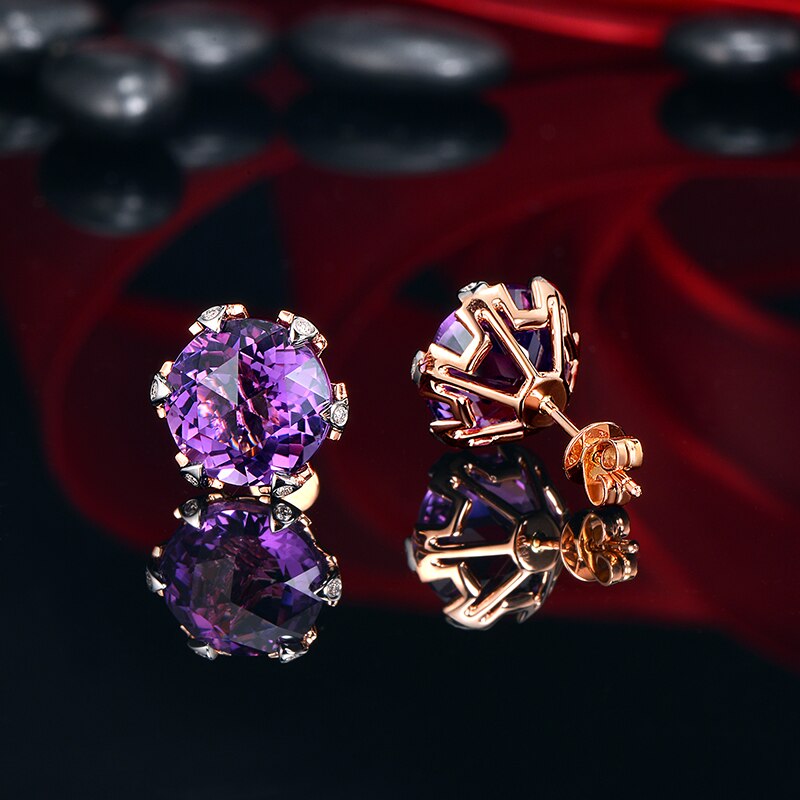 14k Rose and White Gold Amethyst Stud Earrings with Diamonds for Women