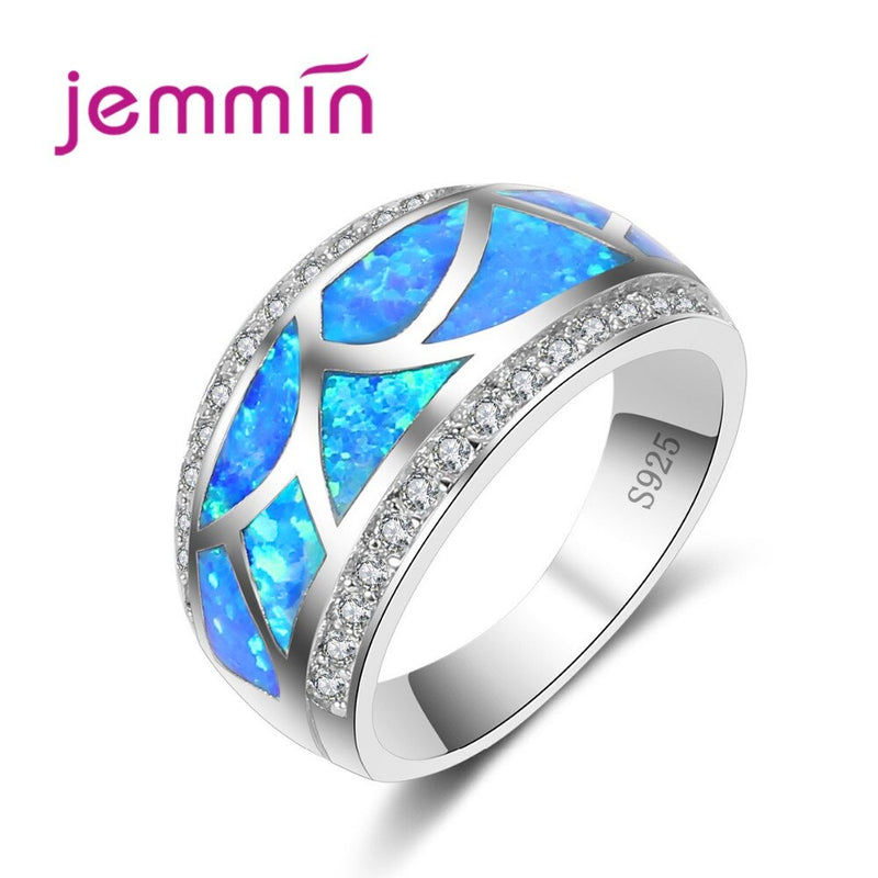 New Fashion Blue Fire Opal Ring With Clear CZ Pave Geometric Design Wedding Rings For Women Jewelry