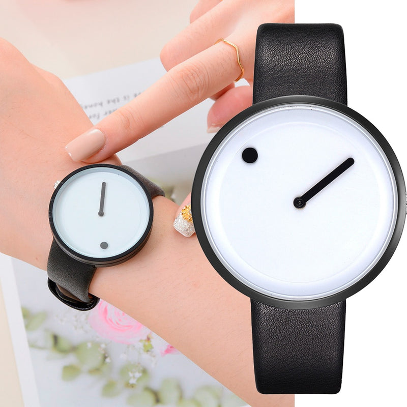 Creative Black White Design Dot & Line Simple Face Quartz Leather Wristwatch