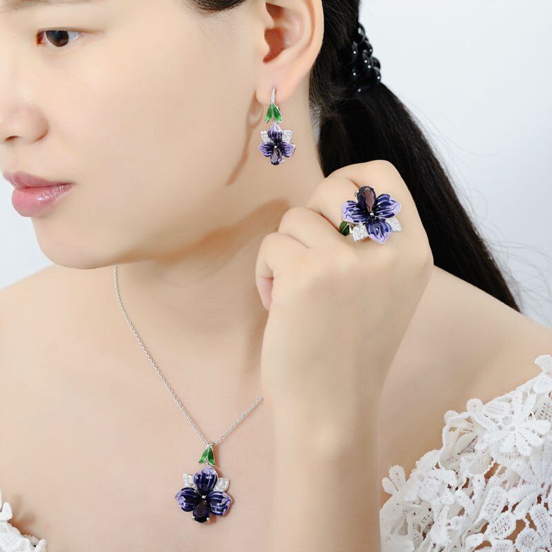 SANTUZZA 925 Sterling Silver HANDMADE Enamel Big Charming Purple Flower Rings Earrings & Pendent Set