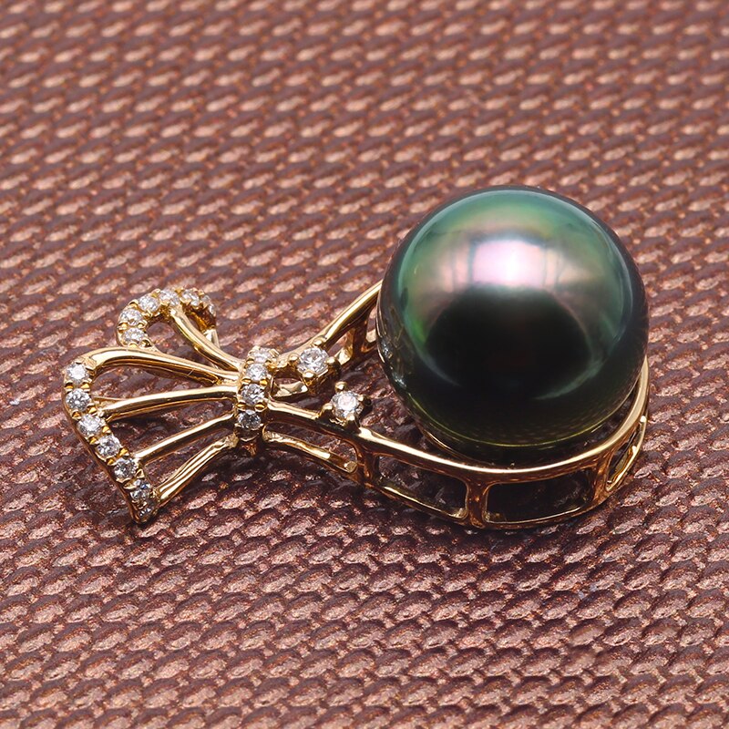 JYX 18K Gold Green Tahitian 11mm Pearl Pendant Necklace with Diamonds