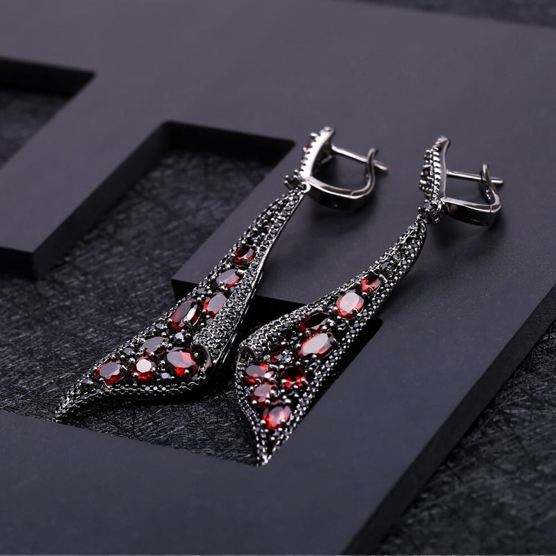 GEMS BALLET 925 Sterling Silver Natural Red Garnet Gothic Style Drop Earrings & Ring Jewelry Sets