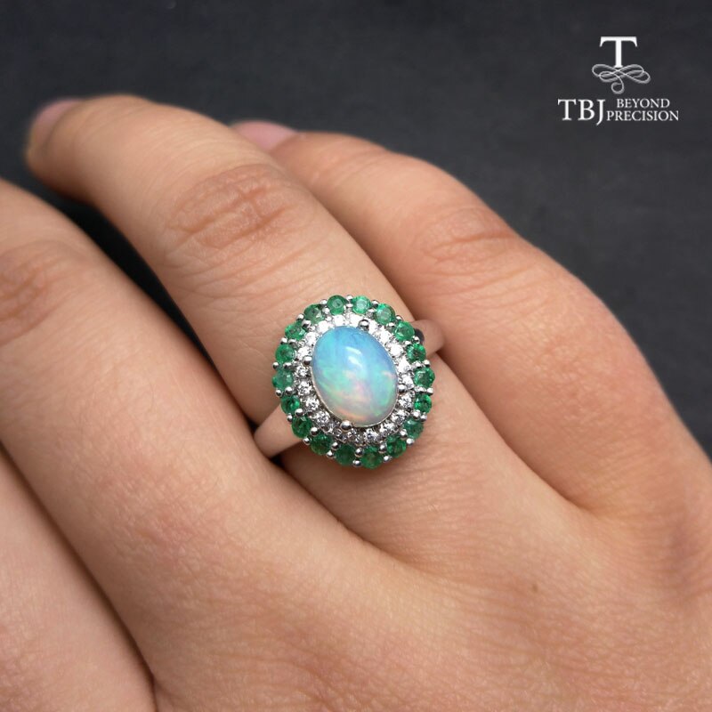 TBJ 925 Sterling Silver Natural Ethiopian Rainbow Opal and Emerald Ring