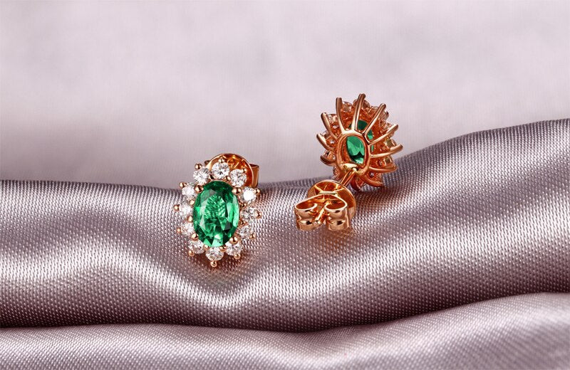 18k Rose Gold Natural Emerald Diamond Earrings Studs for Women