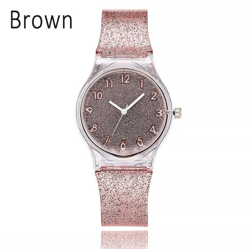 Stainless Steel Quartz Watch with Silicone Strap and Glitter Dial for Women