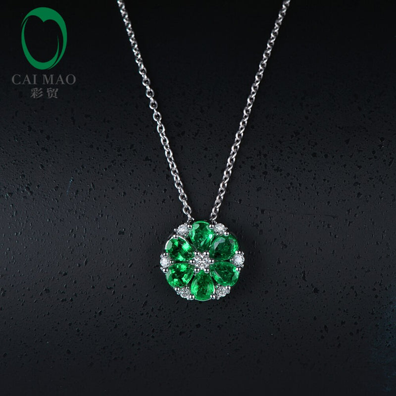 14k White Gold 1.42ct Emerald & Diamond Pendant Necklace for Women