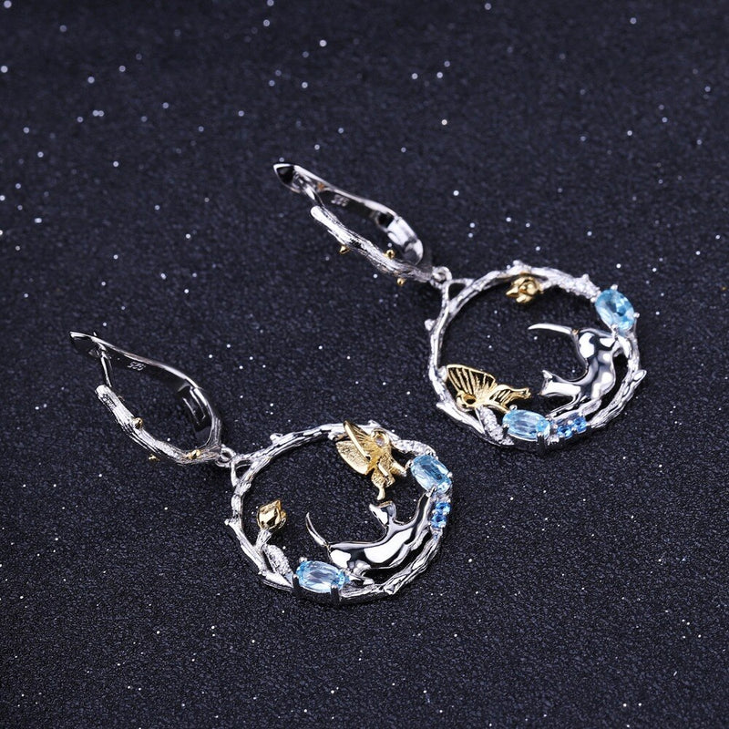 925 Sterling Silver Natural Blue Topaz Cat & Cupid Ring Earrings & Pendant Set for Women