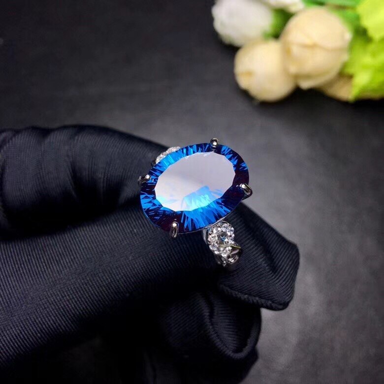 Uloveido 925 Sterling Silver10 Carat Natural Blue Topaz Ring