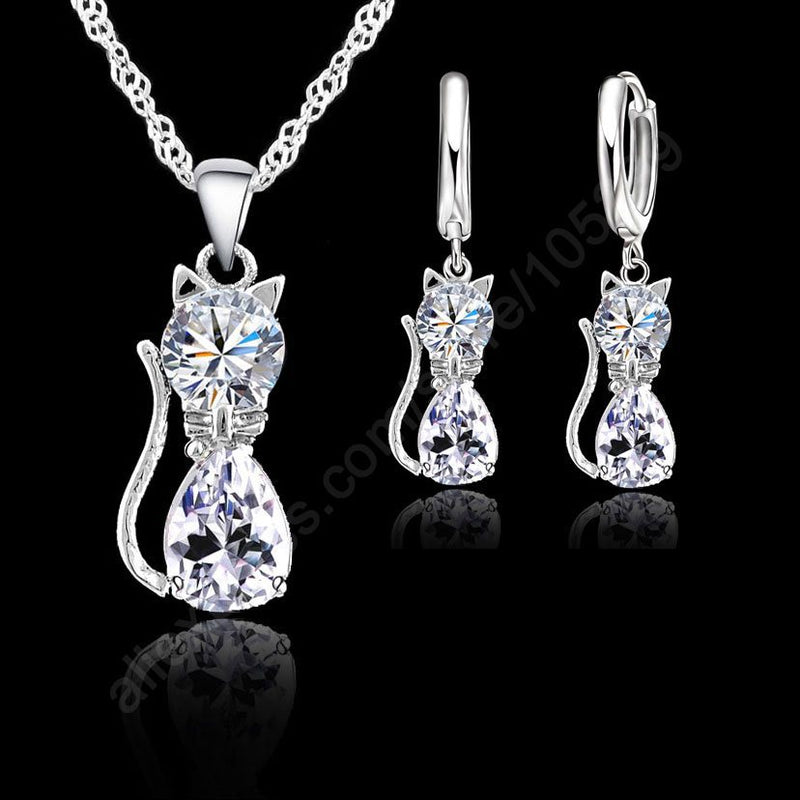 Genuine 925 Sterling Silver Cubic Zirconia Kitty Necklace Pendant & Leverback Earrings Jewelry Set