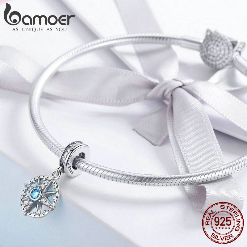 925 Sterling Silver Sparkling Compass Star Pendant Charm for Bracelets & Necklaces for Unisex