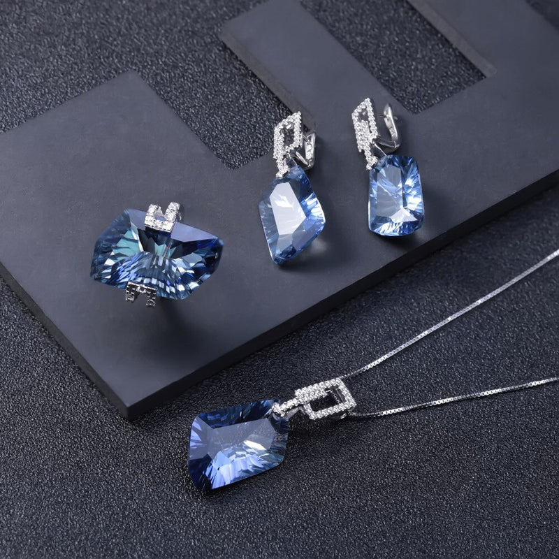 GEMS BALLET 925 Sterling Silver Natural Iolite Blue Mystic Quartz Irregular Geometric Shape Necklace Earrings & Ring Jewelry Set