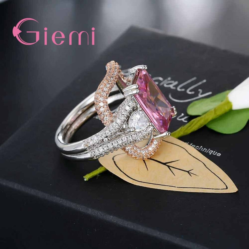 925 Sterling Silver Top Selling Cute Pink Square Stone Austrian Crystal Ring Engagement Wedding Ceremony Femme Jewelry