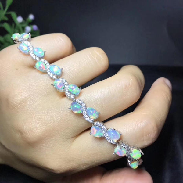 Pure Silver Natural Opal Mosaic-Style Bracelet for Women