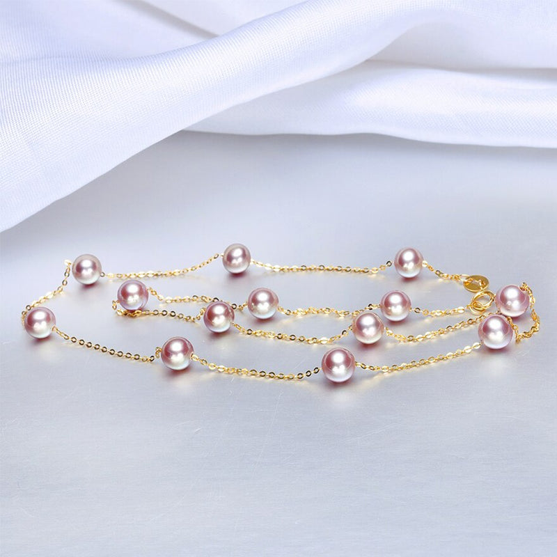 18k Gold 5.5-6mm Natural Cultured Purple Pearl Chain Necklace