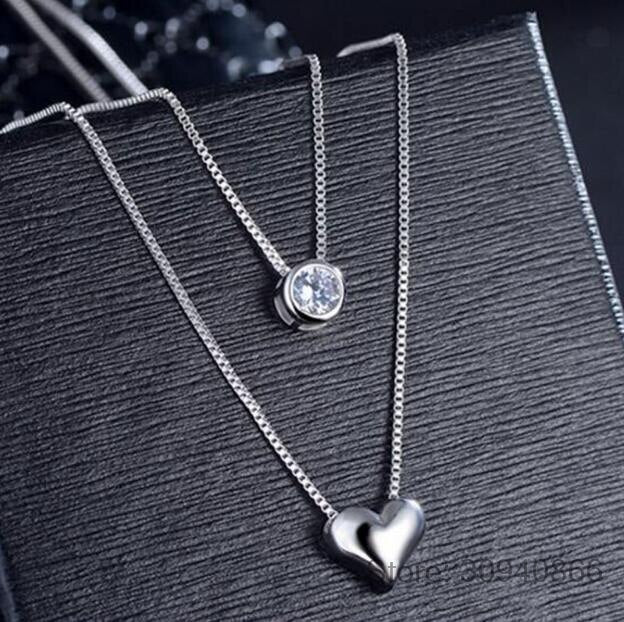 925 Sterling Silver Double Layers Collarbone CZ Love-heart Pendant Chain Necklace