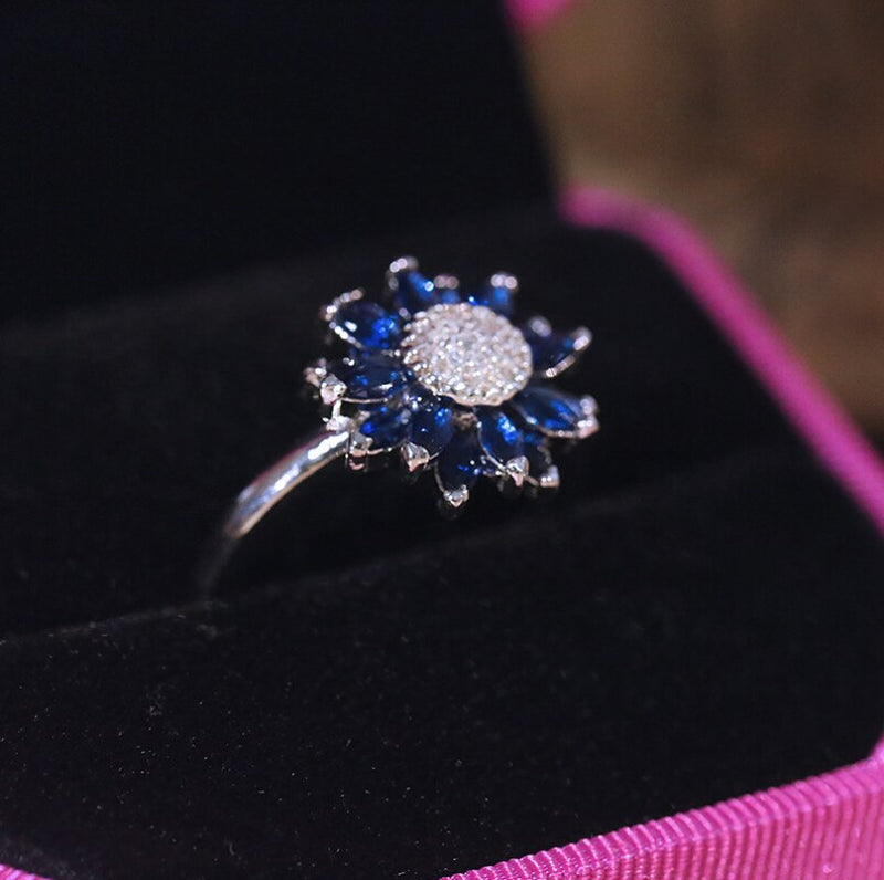 Vintage Fashion Jewelry New Arrival Sunflower Ring 925 Silver Fill Marquise AAA Blue CZ Promise Wedding Band Flower Ring Gift