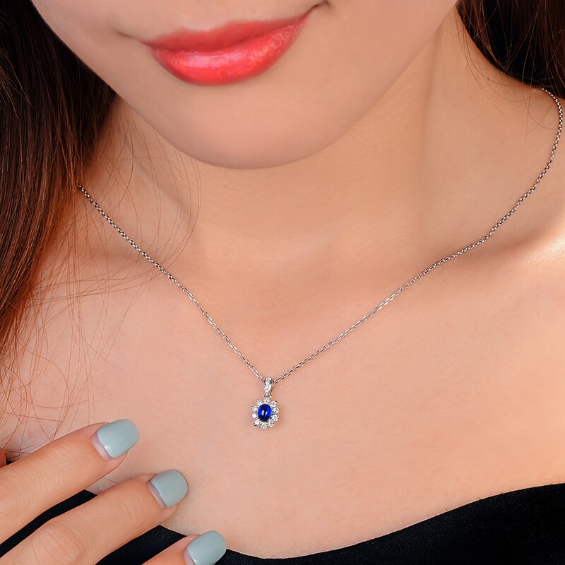 14kt White Gold Blue Sapphire Halo Pendant for Women