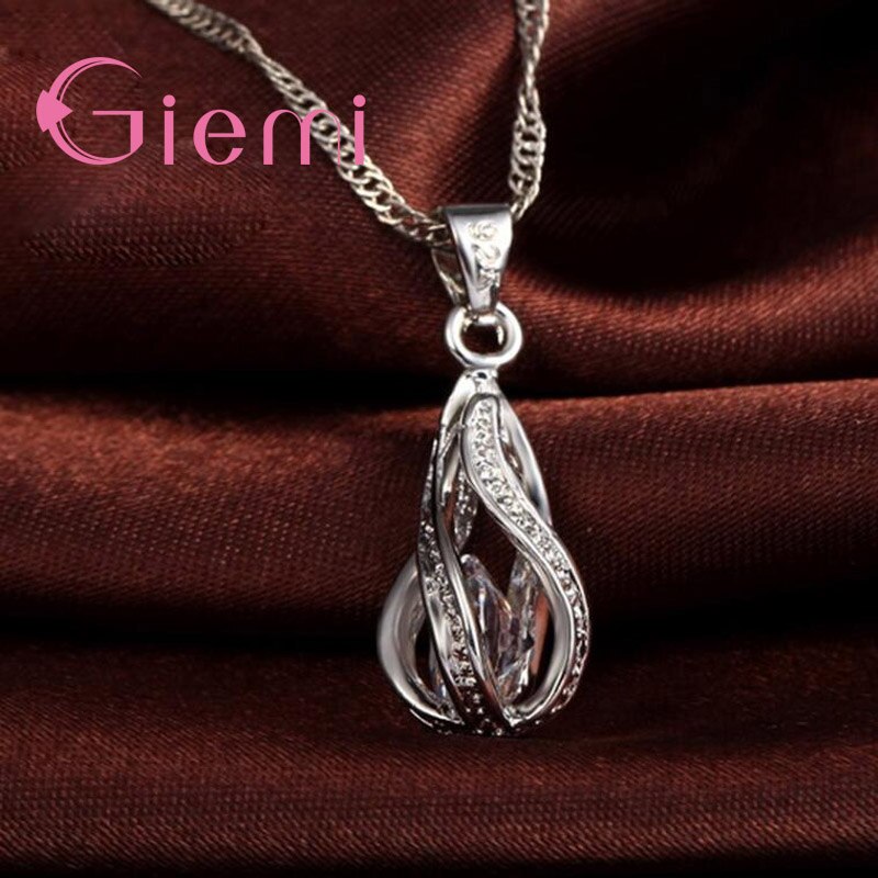 925 Sterling Silver Trendy Water Drop Cubic Zircon Pendant Necklace & Earrings Jewelry Set