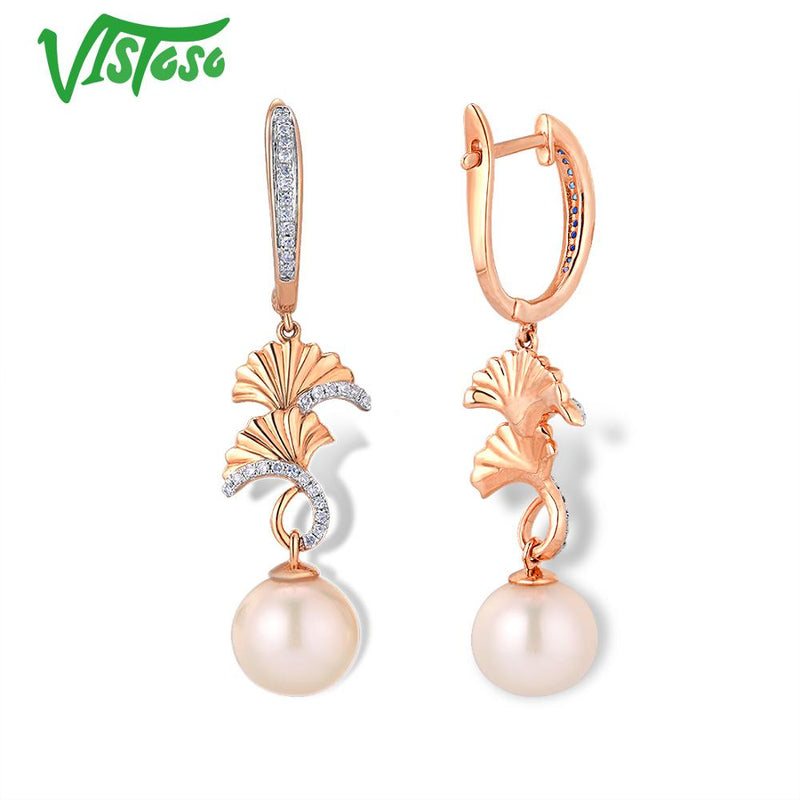 VISTOSO Pure 14K 585 Rose Gold Sparkling Diamond Elegant Fresh Water Pearl Earrings