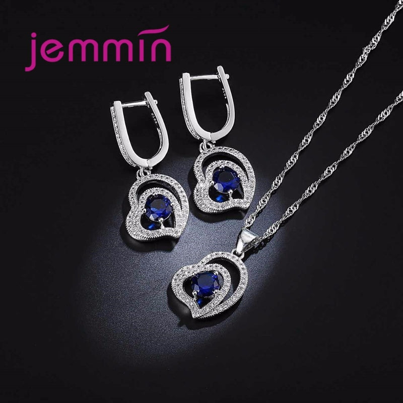 925 Sterling Silver Double Heart Sapphire Rhinestone Bridal Jewelry Sets for Women