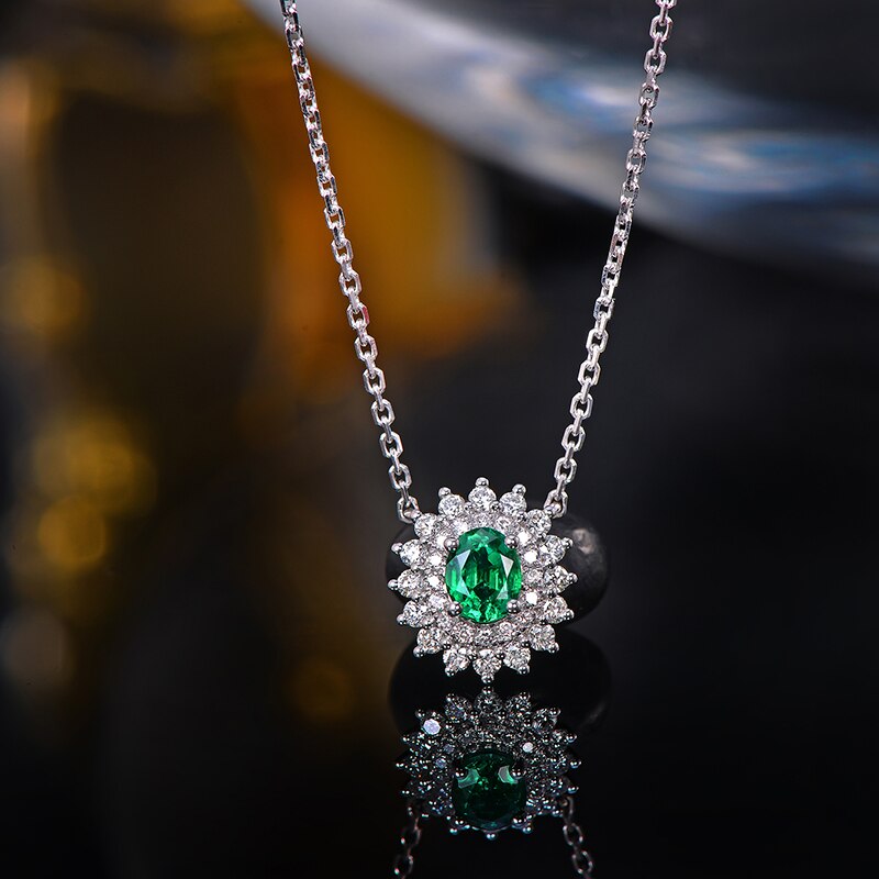 14K White Gold Emerald and Diamond Pendant Necklace for Women