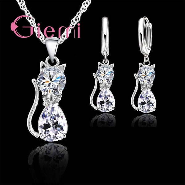 Genuine Top Highly 925 Sterling Silver Clear Cubic Zirconia Cat Pendant Necklace & Earrings Jewelry Set