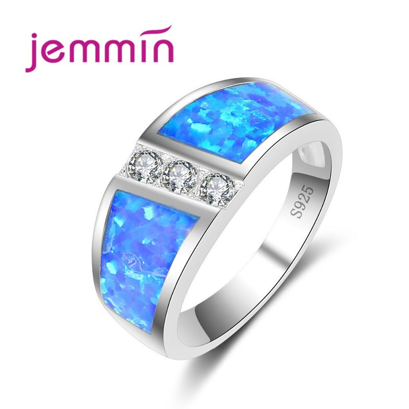 Noble Symbol Romantic Trendy White Stone Blue Fire Opal Ring Women White Crystal Silver Wedding Engagement Jewelry