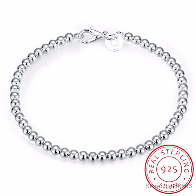 LEKANI 925 Sterling Silver Fashion 4mm Beads Chain Bracelet 20cm length